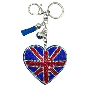 Evenchae British Union Jack Flag Heart Keychain, Rhinestones, Gift Bag, 6.25"L